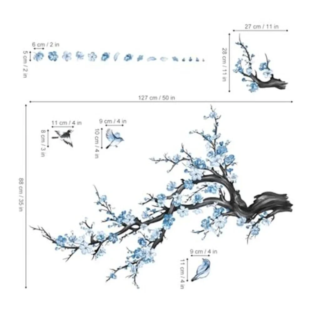 Blue Flower Wall Decals Watercolor Floral Tree Branch Stickers Bedroom Living